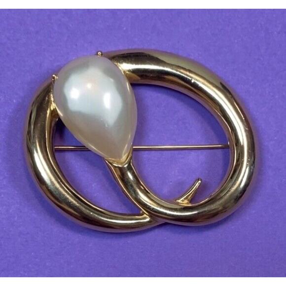 Vintage EDWIN PEARL PEP Brooch Pin Gold Tone w/ Pearl 2” x 1.75" RARE - Picture 1 of 13